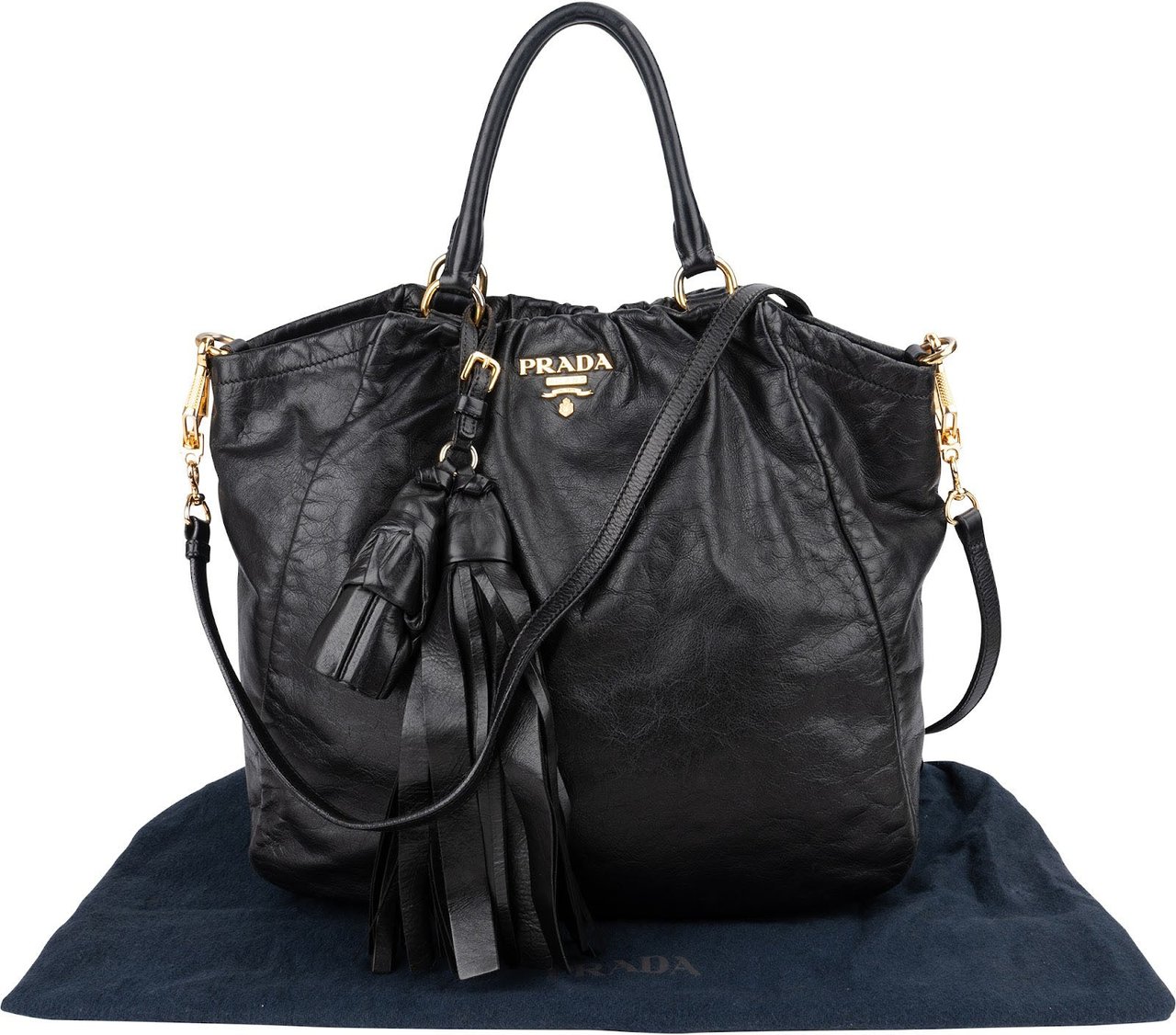 Prada Vitello Daino Leather Leather Tassel Tote Shoulder Bag Zwart