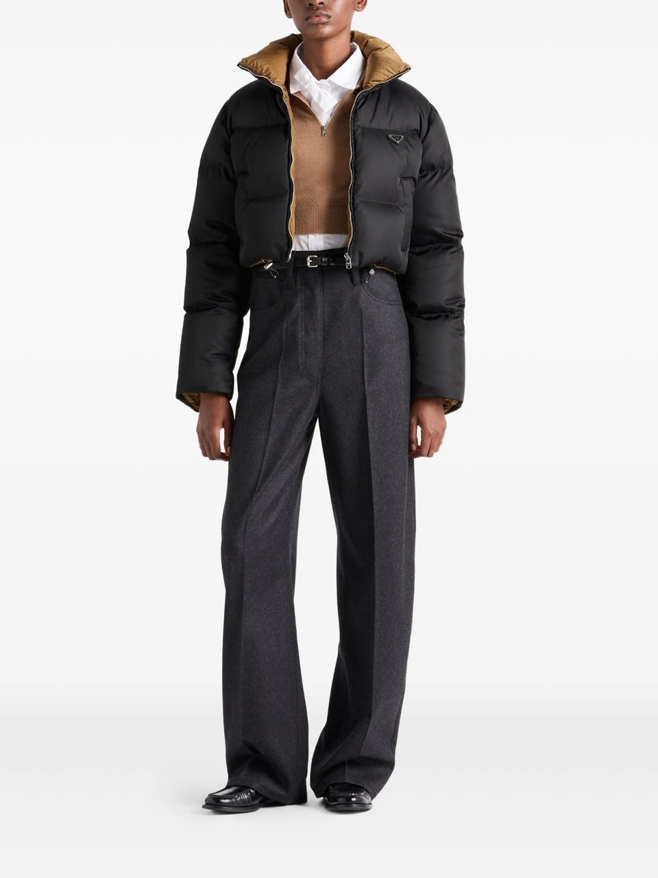 Prada Cropped Puffer Jacket With High Collar And Zipper Closure Zwart