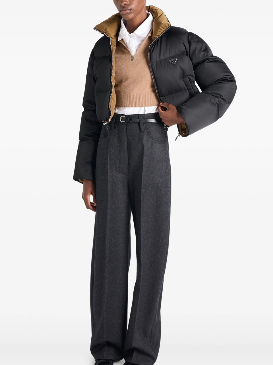 Prada Cropped Puffer Jacket With High Collar And Zipper Closure Zwart