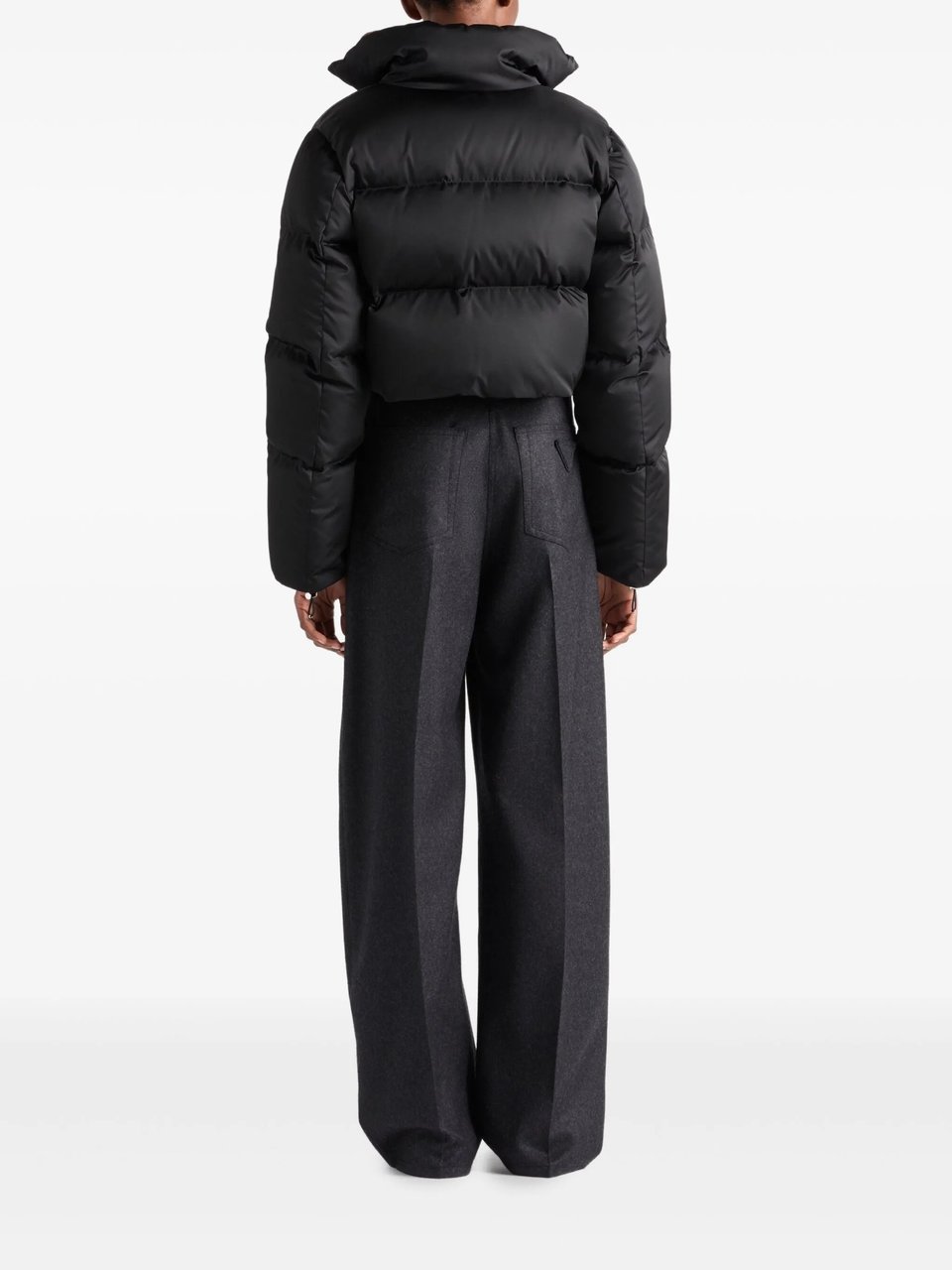 Prada Cropped Puffer Jacket With High Collar And Zipper Closure Zwart