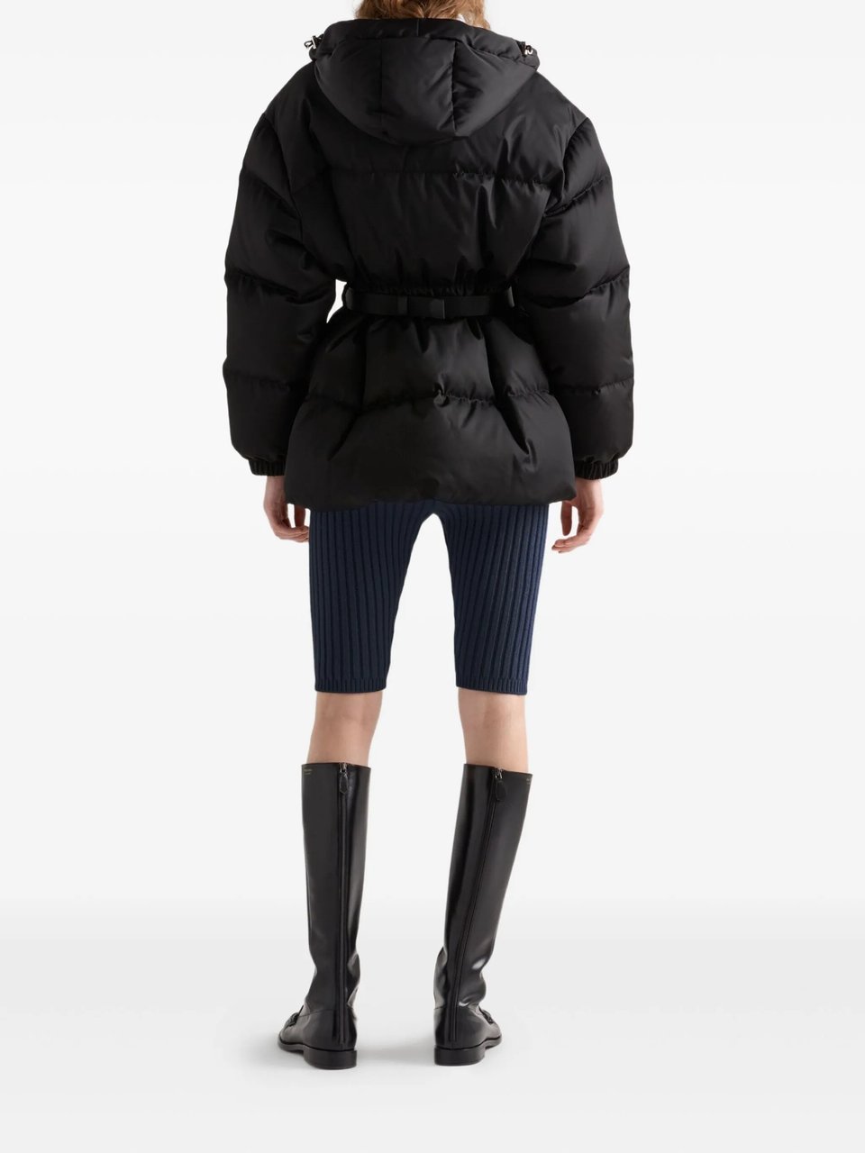Prada Quilted Black Down Puffer Jacket With Functional Belt And Hood Zwart