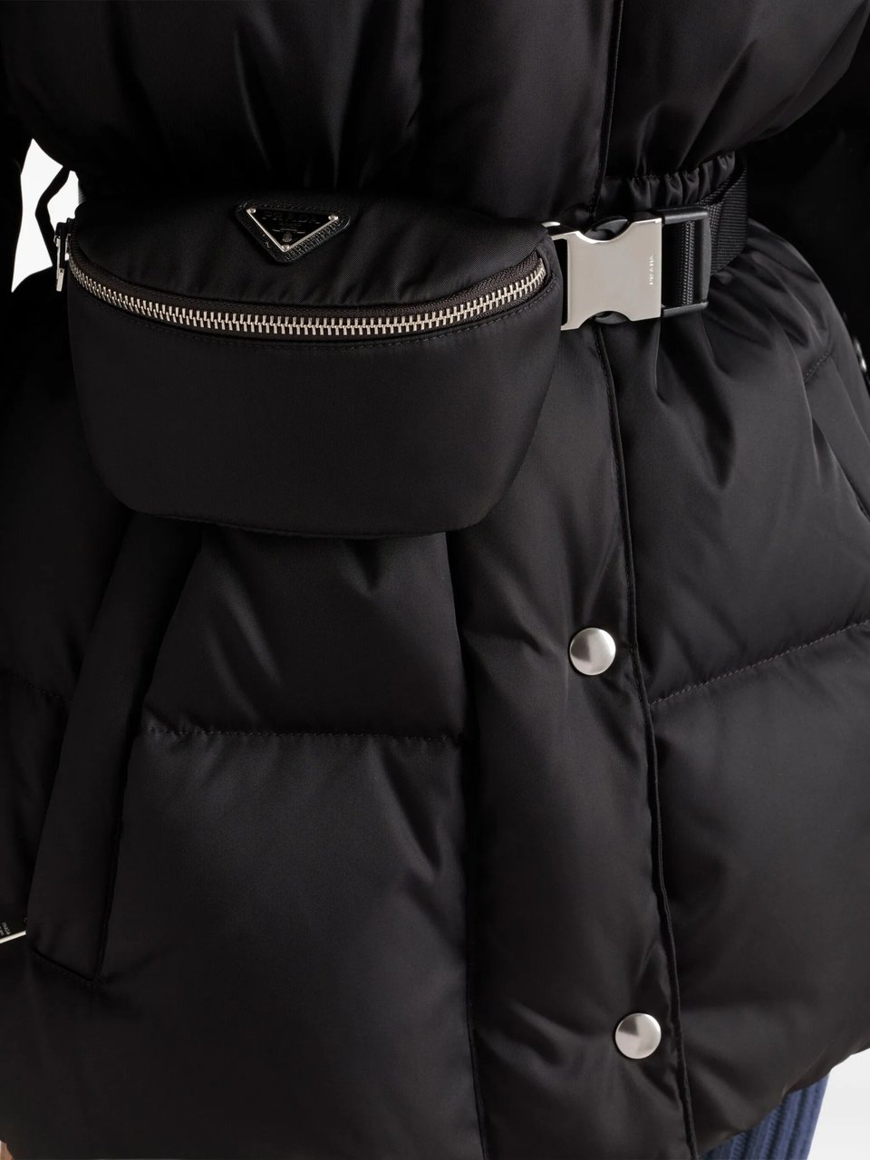 Prada Quilted Black Down Puffer Jacket With Functional Belt And Hood Zwart