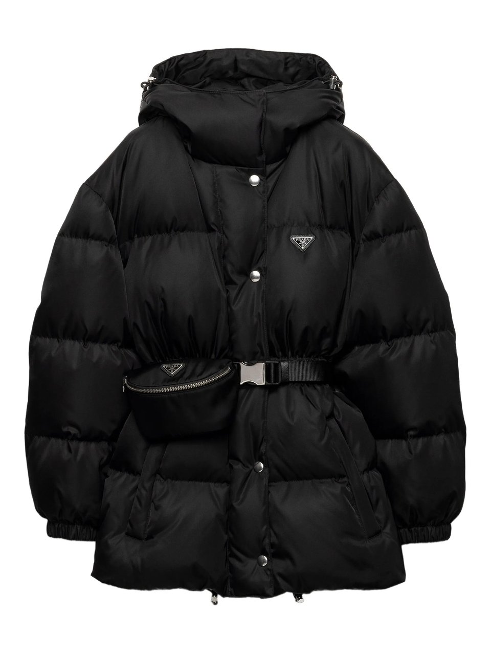 Prada Quilted Black Down Puffer Jacket With Functional Belt And Hood Zwart