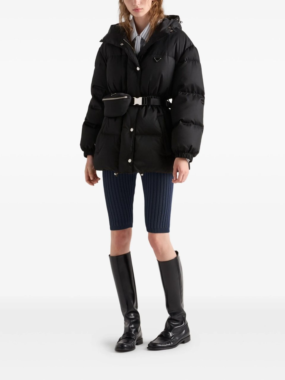 Prada Quilted Black Down Puffer Jacket With Functional Belt And Hood Zwart