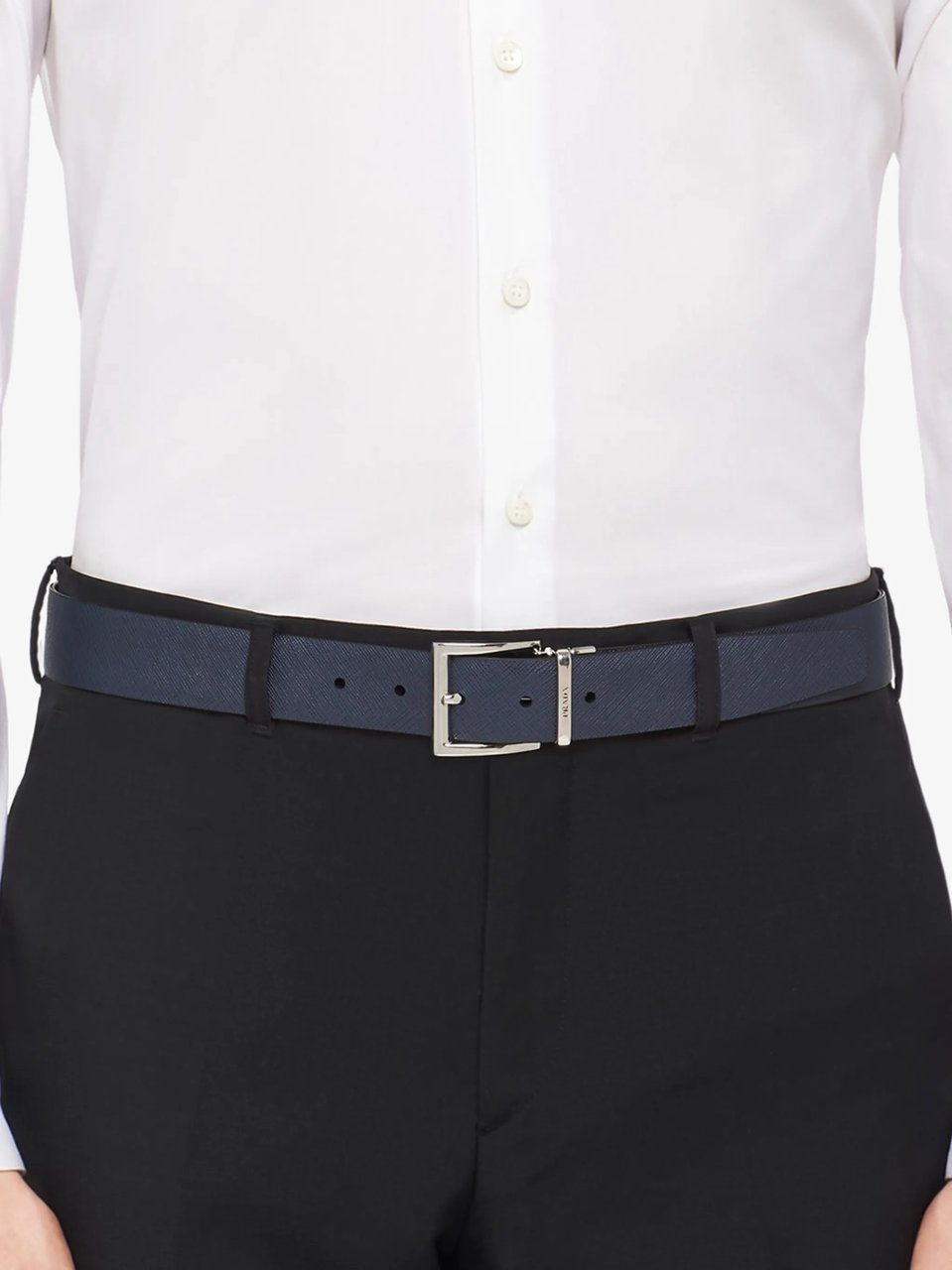Prada Black/Dark Blue Cintura Textured Leather Belts Zwart