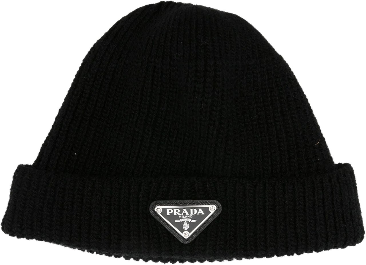 Prada Ribbed Cashmere Beanie With Triangular Logo Patch Zwart