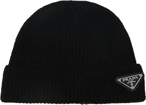 Prada Black Minimalist Ribbed Knit Beanie Hat Zwart