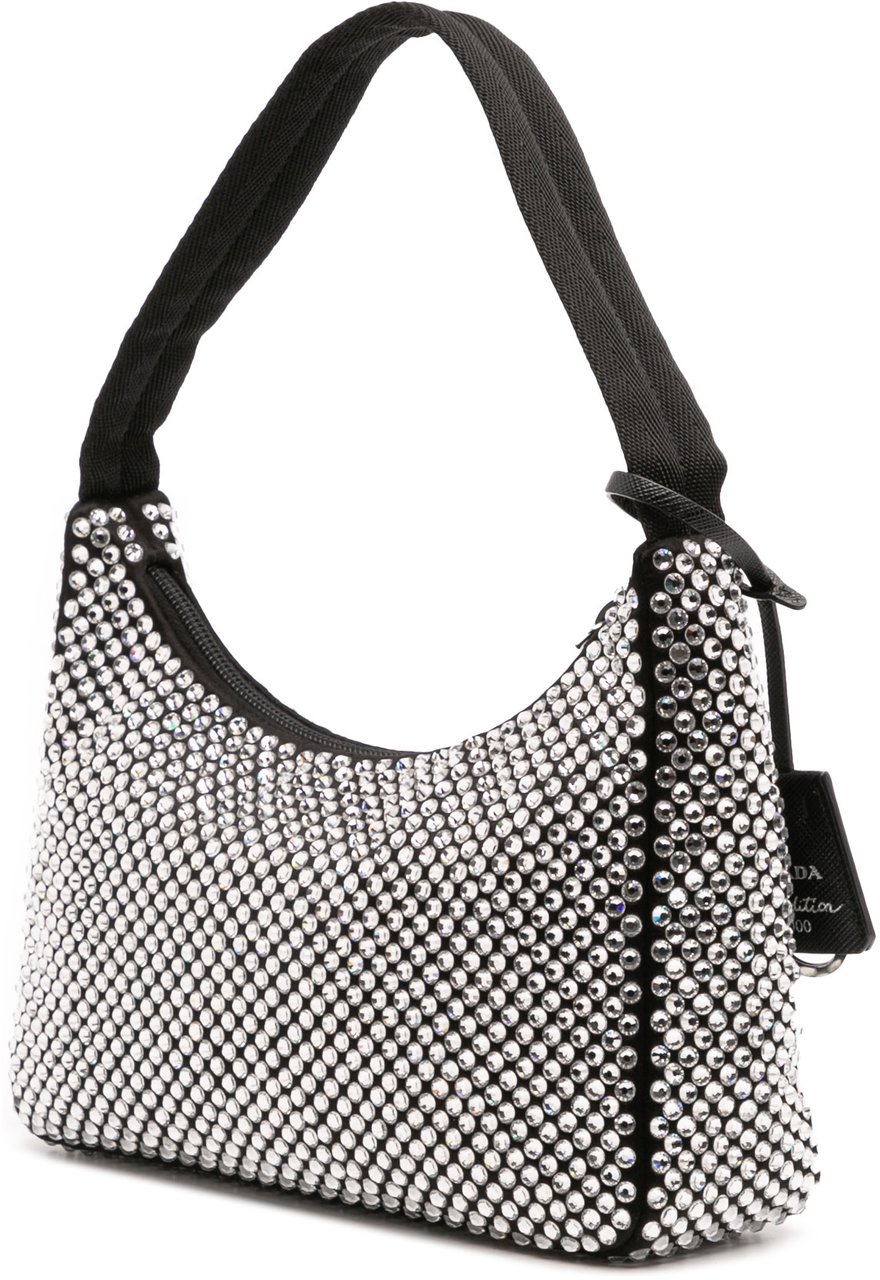 Prada Mini Satin Crystal Re Edition 2000 Shoulder Bag Zwart