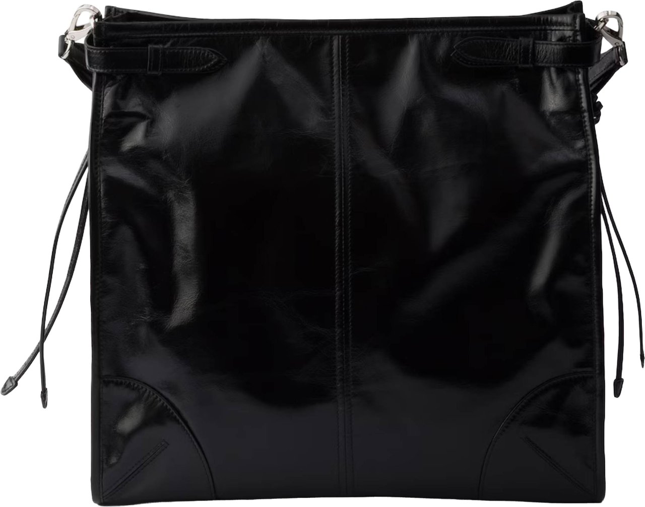 Prada Black Bandoliera Glossy Leather Shoulder Bag Zwart