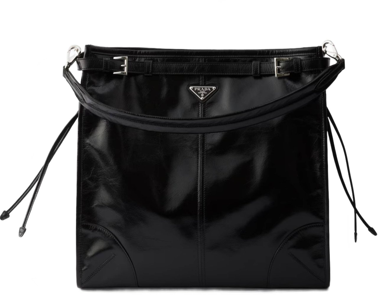 Prada Black Bandoliera Glossy Leather Shoulder Bag Zwart