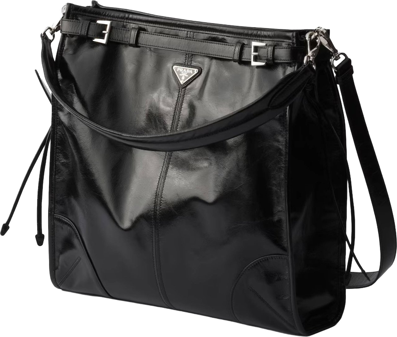 Prada Black Bandoliera Glossy Leather Shoulder Bag Zwart