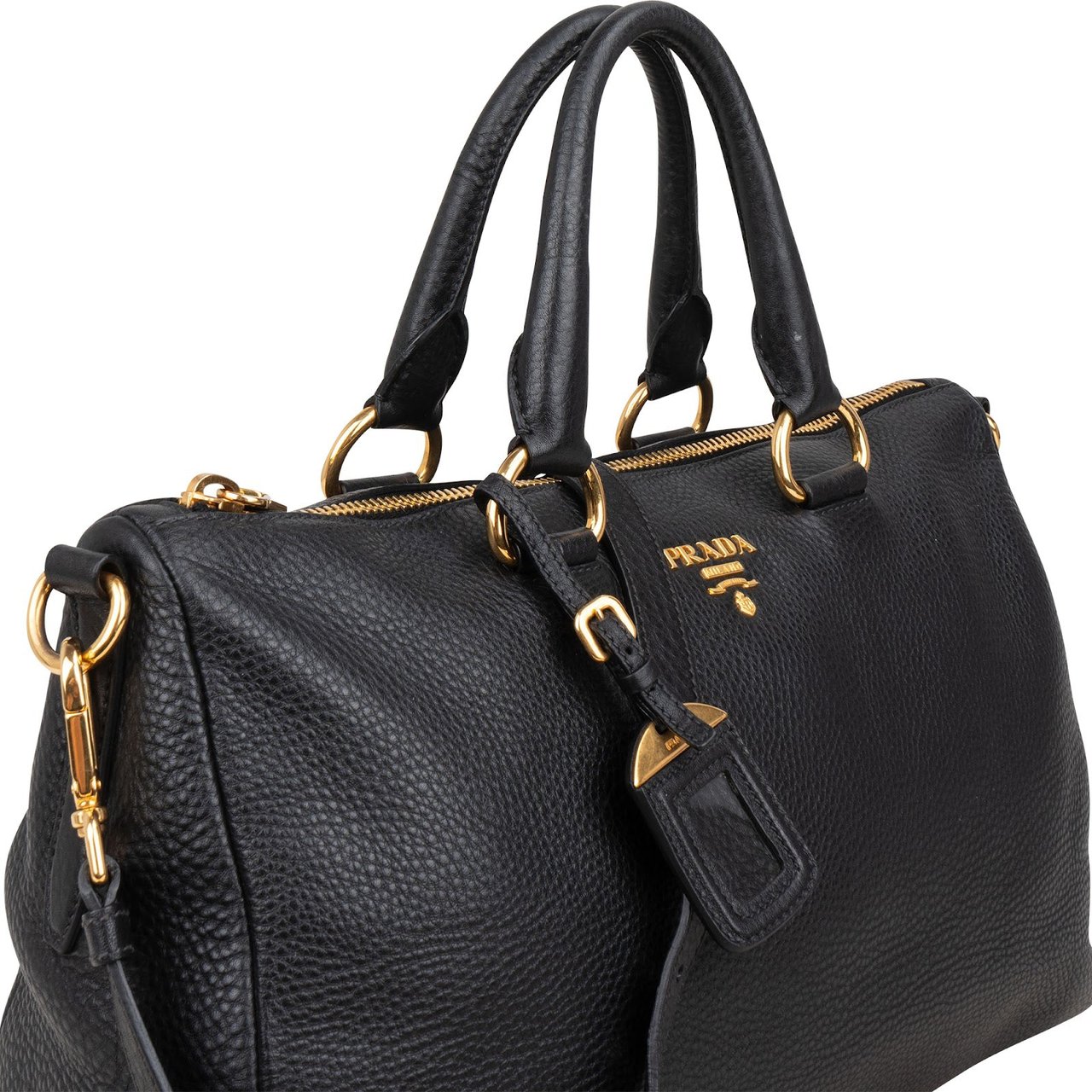 Prada Vitello Daino Leather Bauletto Handbag Zwart