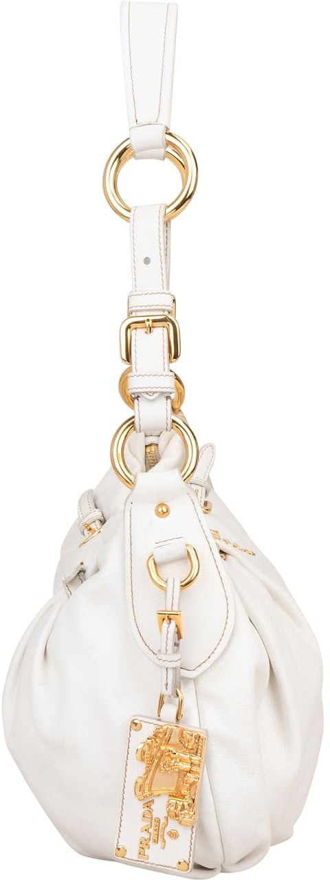 Prada White Soft Calf Leather Ruched Shoulder Bag Wit