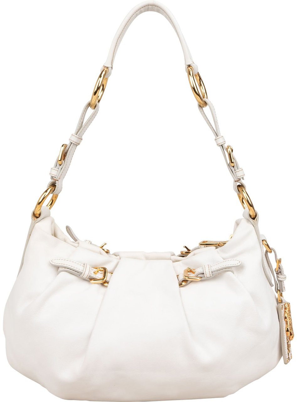 Prada White Soft Calf Leather Ruched Shoulder Bag Wit