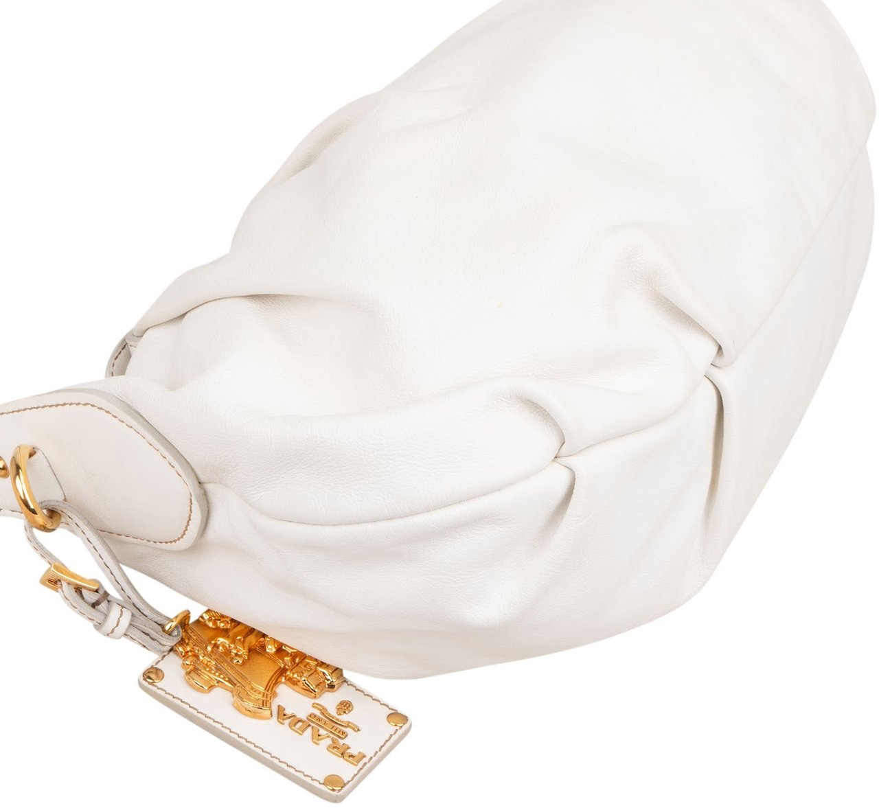 Prada White Soft Calf Leather Ruched Shoulder Bag Wit