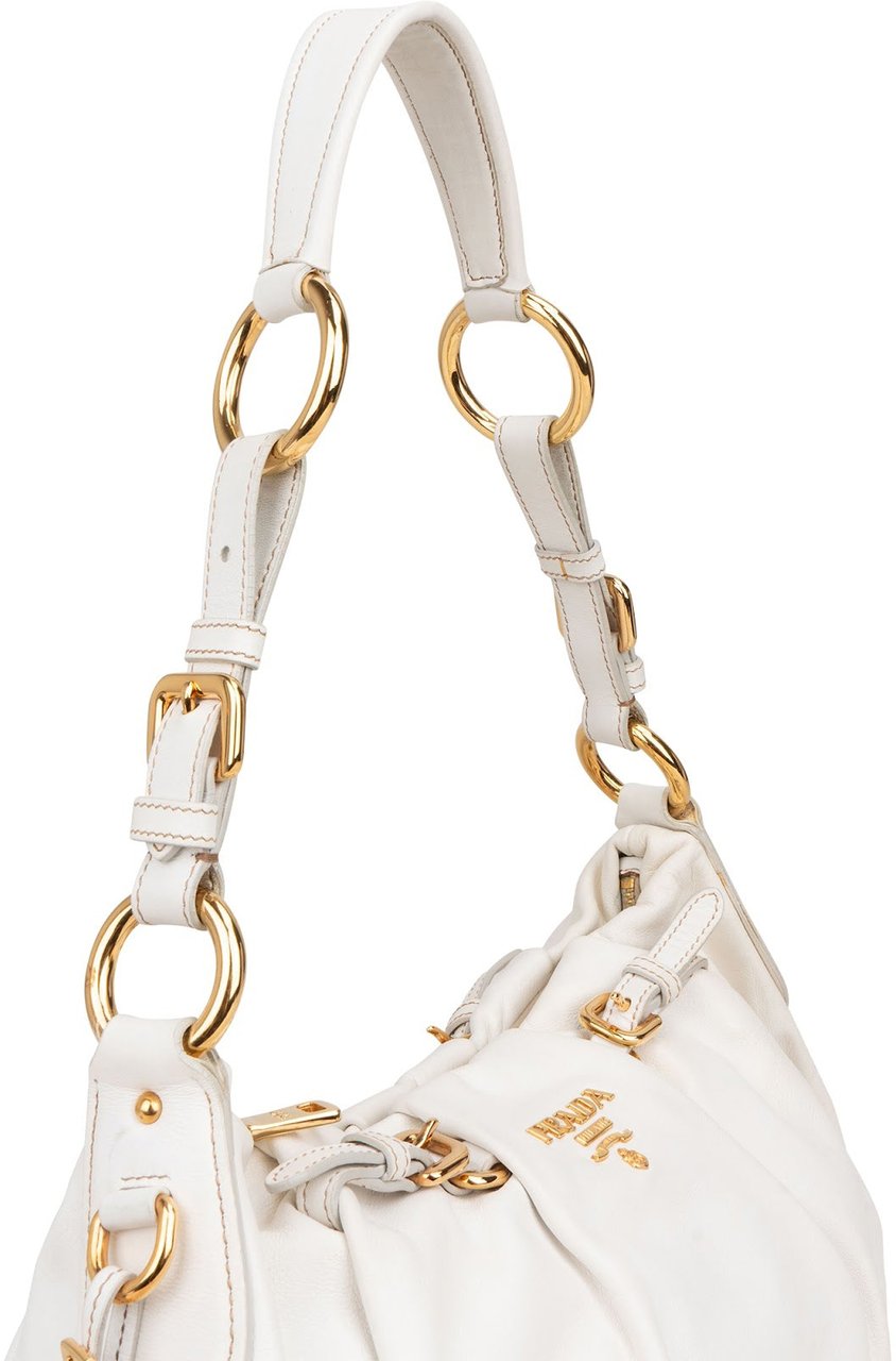 Prada White Soft Calf Leather Ruched Shoulder Bag Wit
