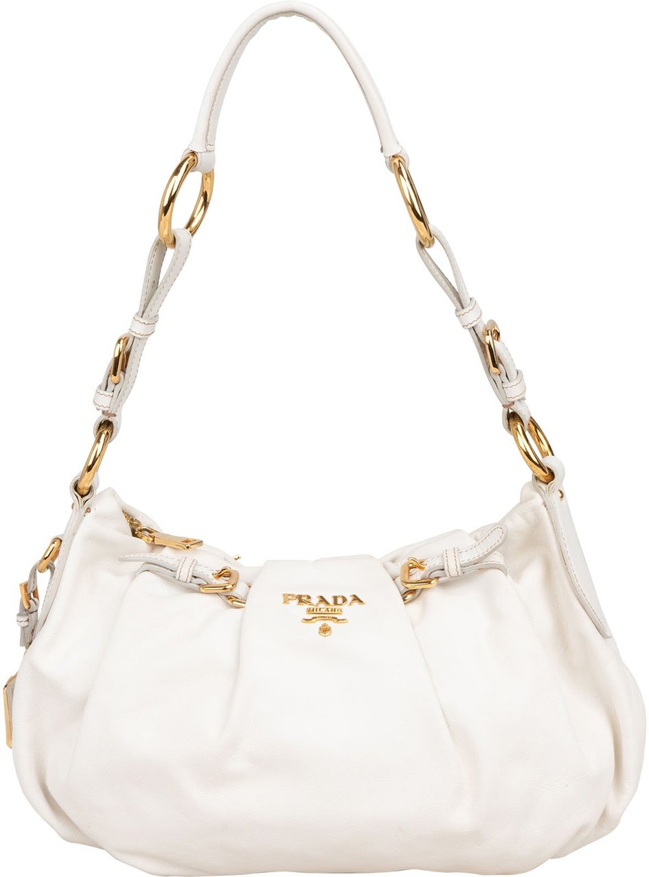 Prada White Soft Calf Leather Ruched Shoulder Bag Wit