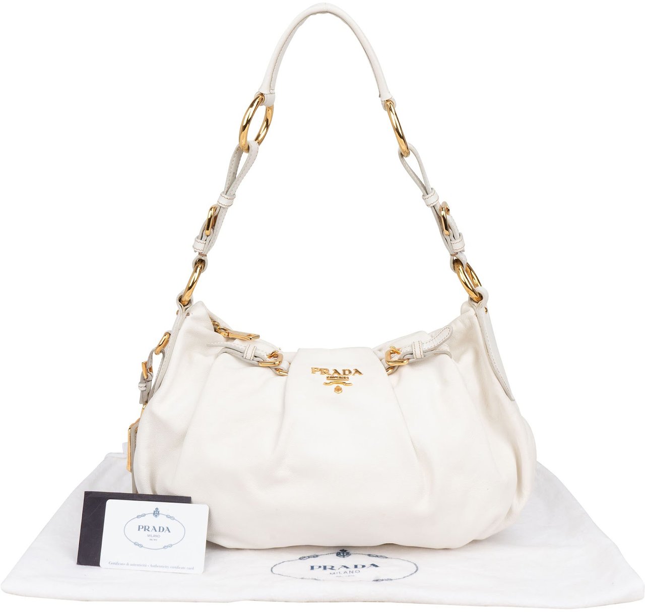 Prada White Soft Calf Leather Ruched Shoulder Bag Wit