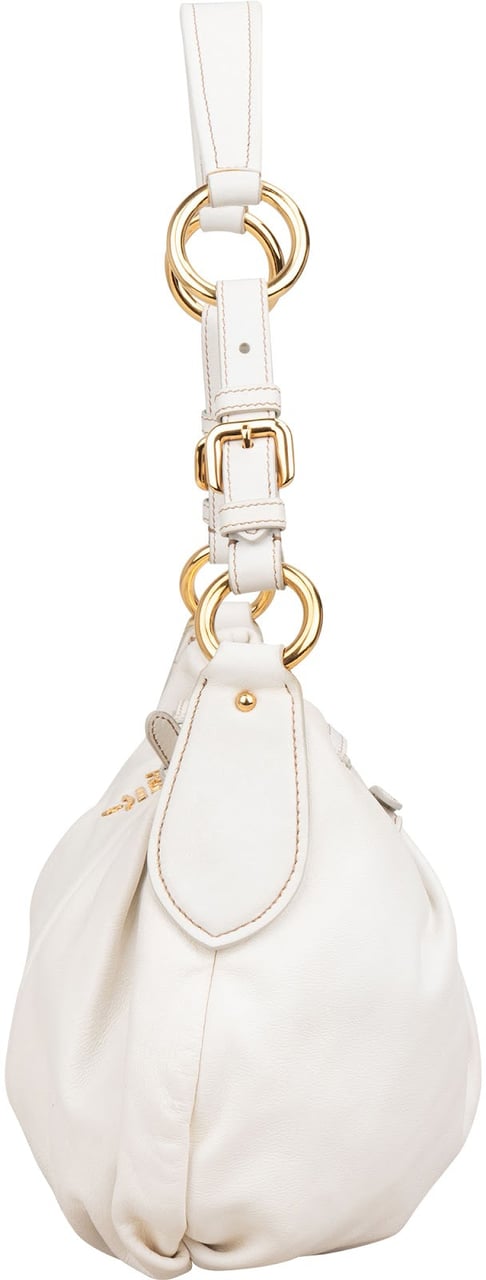 Prada White Soft Calf Leather Ruched Shoulder Bag Wit