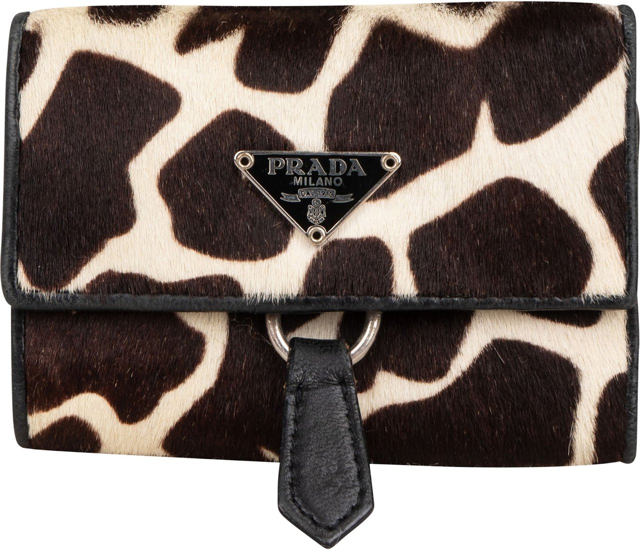 Prada Cavallino Animal Hair Giraffe Print Key Holder Zwart