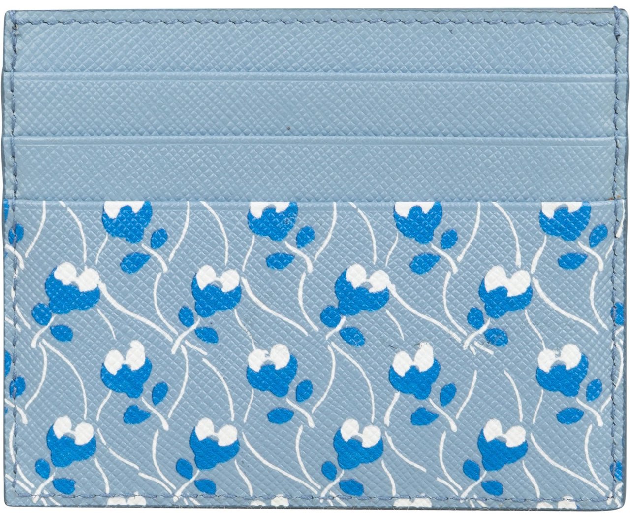 Prada Saffiano Leather Floral Print Card Holder Lichtblauw