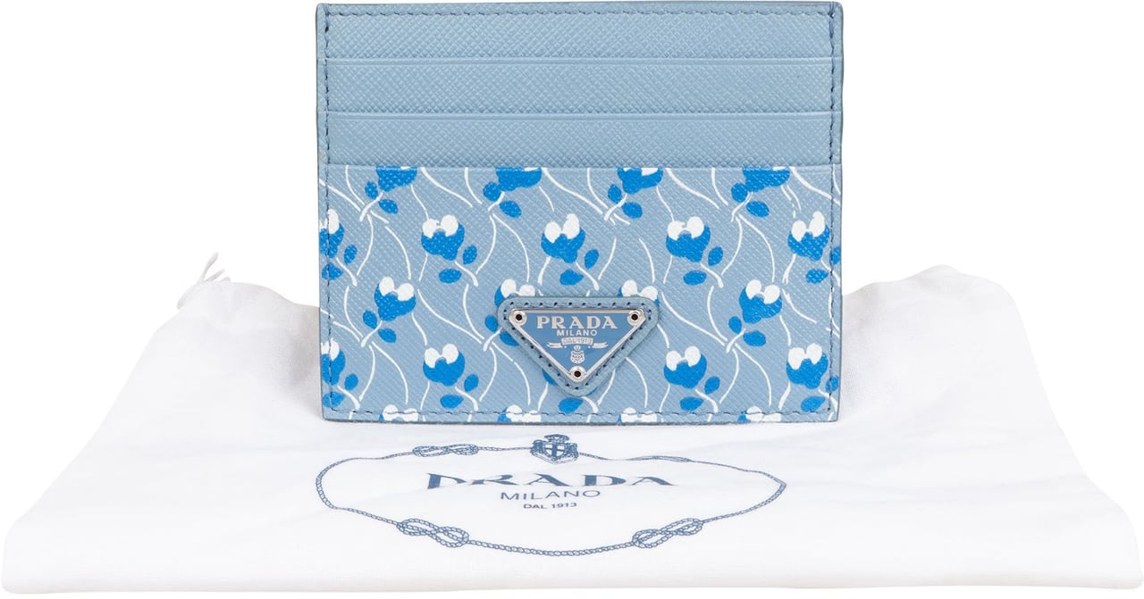 Prada Saffiano Leather Floral Print Card Holder Lichtblauw