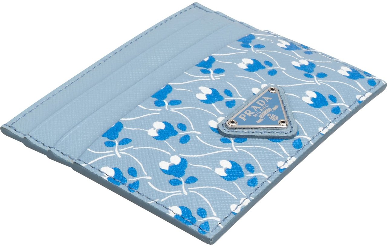 Prada Saffiano Leather Floral Print Card Holder Lichtblauw