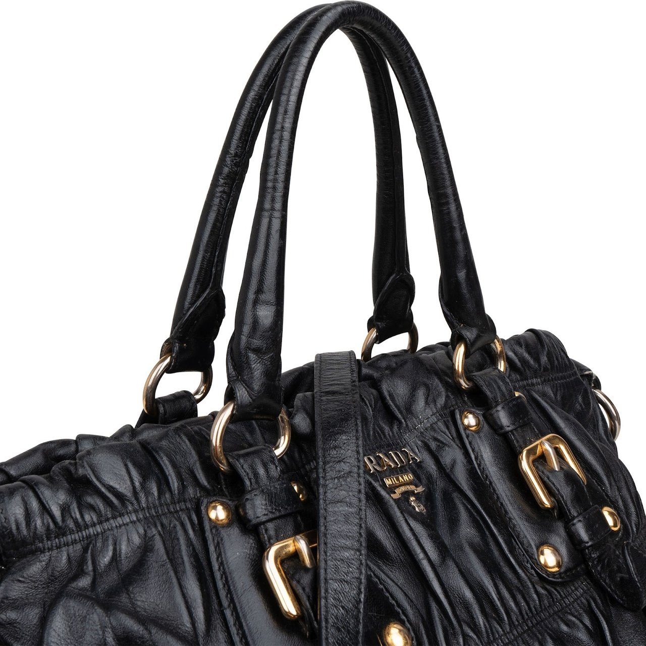Prada Black Leather Gaufre Satchel Handbag Zwart