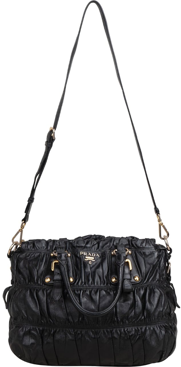 Prada Black Leather Gaufre Satchel Handbag Zwart