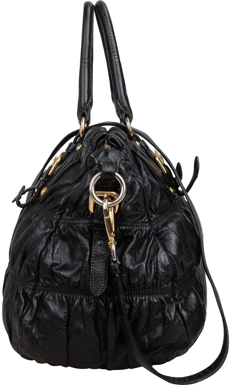 Prada Black Leather Gaufre Satchel Handbag Zwart