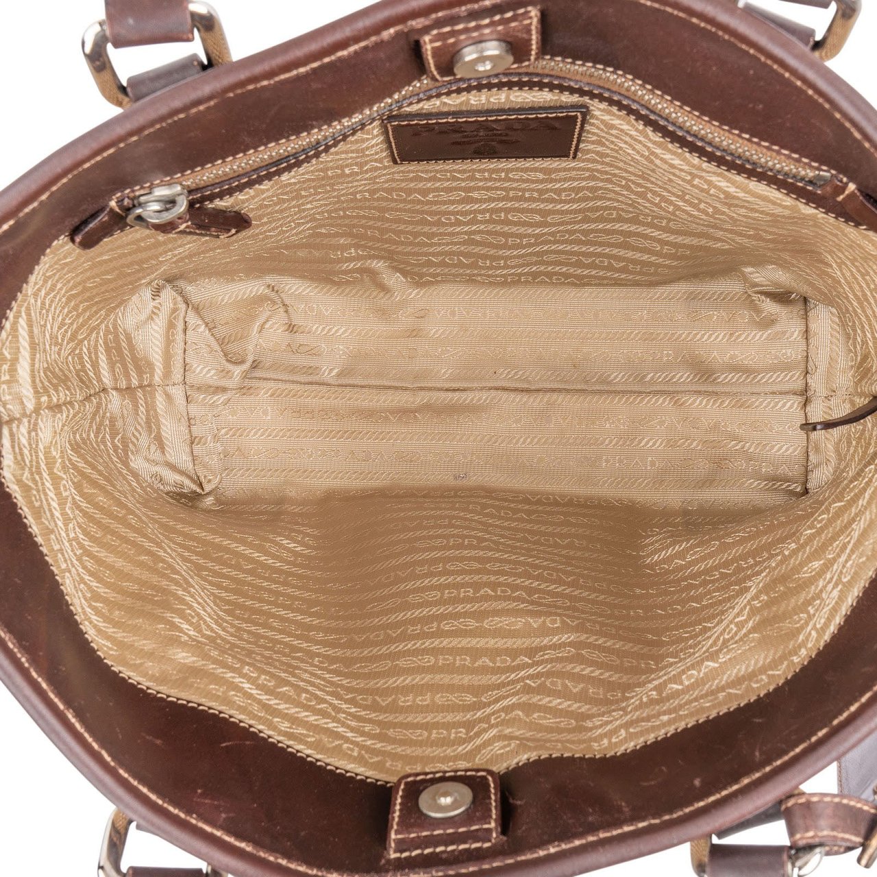 Prada Canvas Jacquard Emblem Tote Shoulder Bag Beige