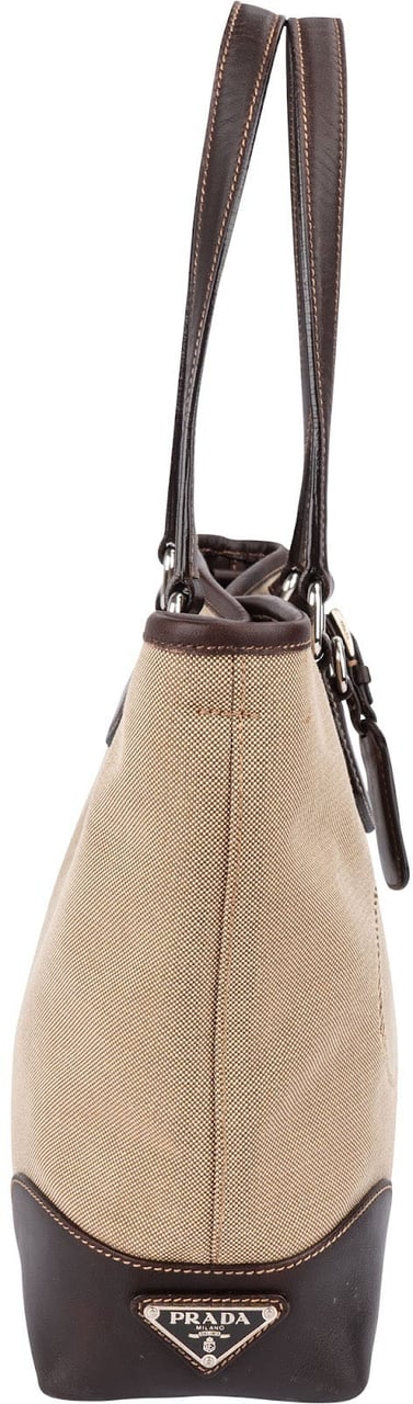 Prada Canvas Jacquard Emblem Tote Shoulder Bag Beige
