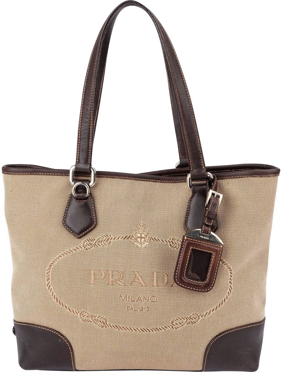 Prada Canvas Jacquard Emblem Tote Shoulder Bag Beige