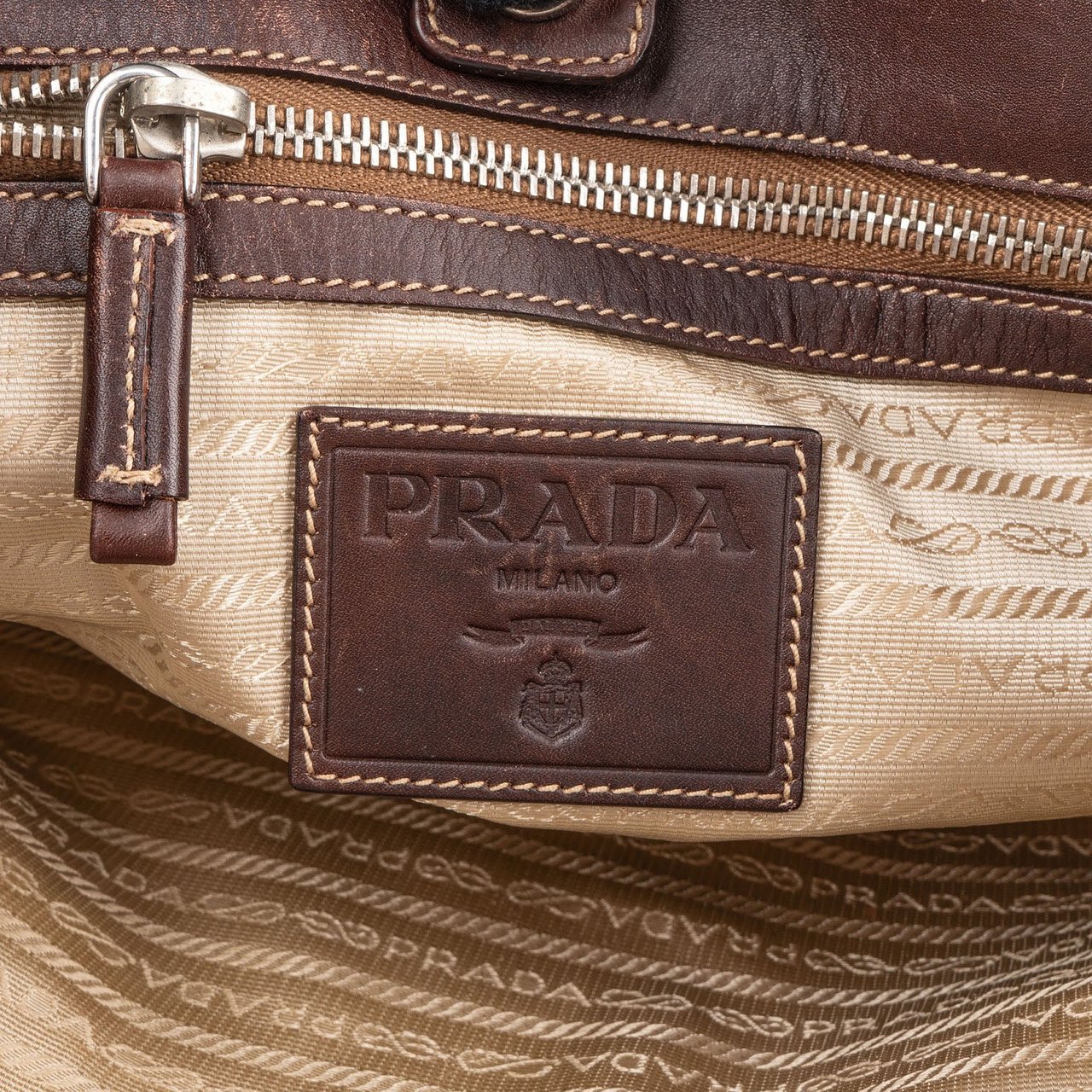 Prada Canvas Jacquard Emblem Tote Shoulder Bag Beige