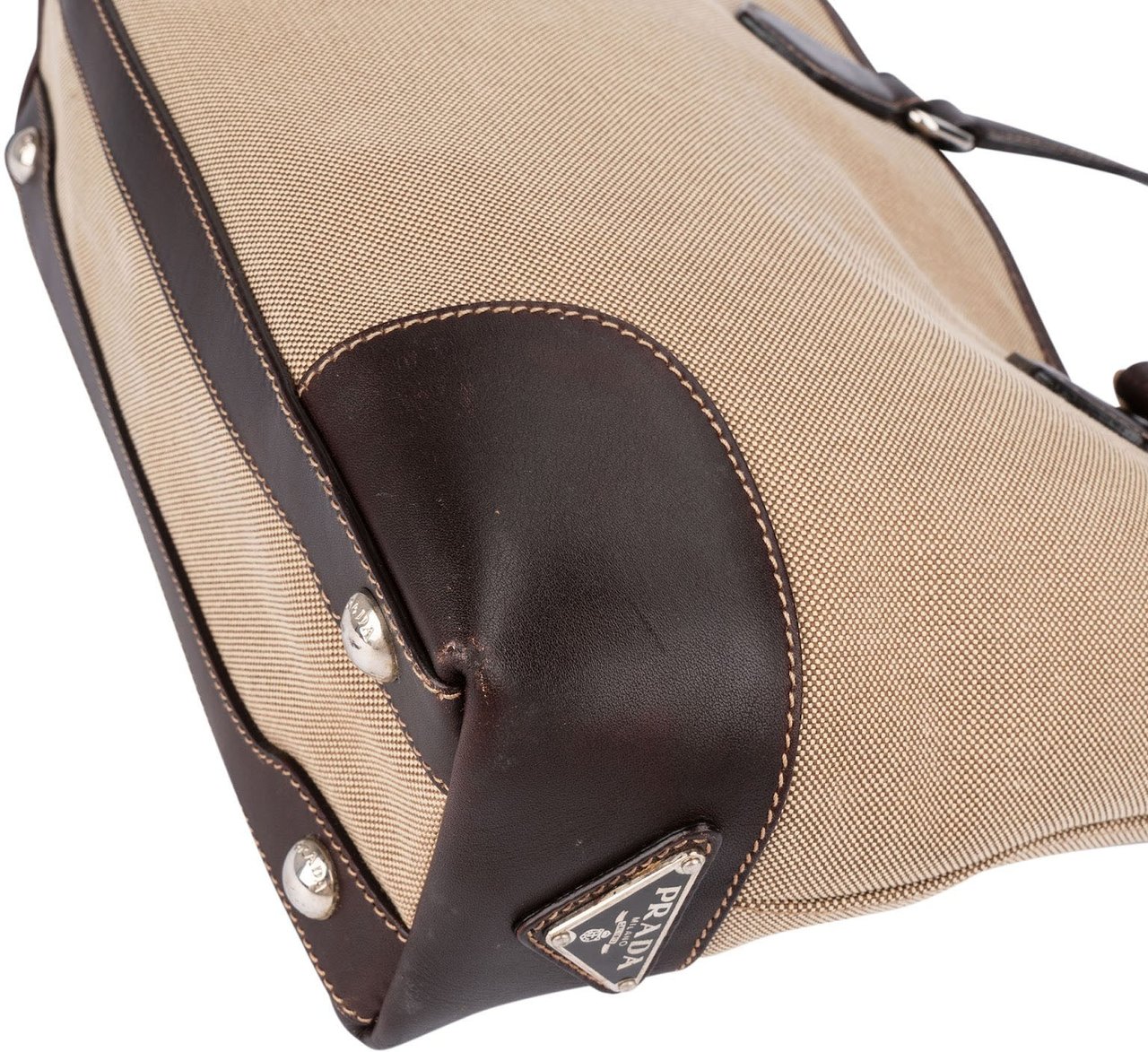 Prada Canvas Jacquard Emblem Tote Shoulder Bag Beige