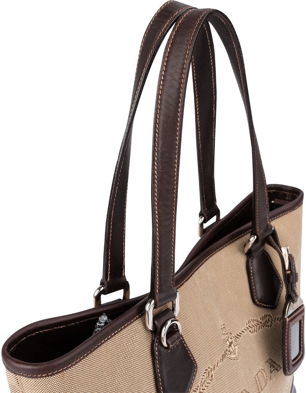 Prada Canvas Jacquard Emblem Tote Shoulder Bag Beige