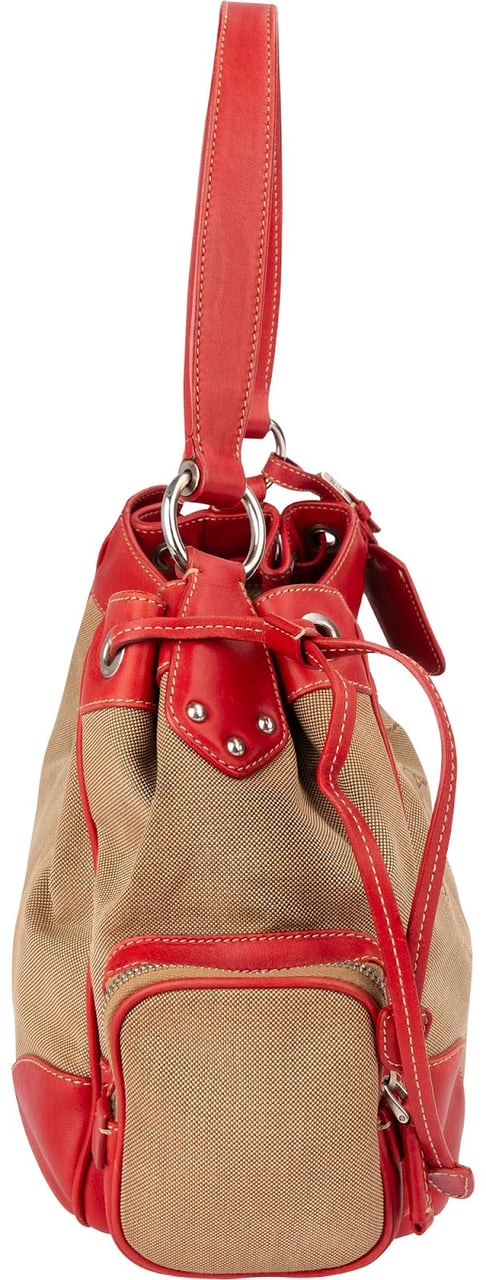 Prada Canvas Emblem Side Drawstring Pocket Shoulder Bag Beige