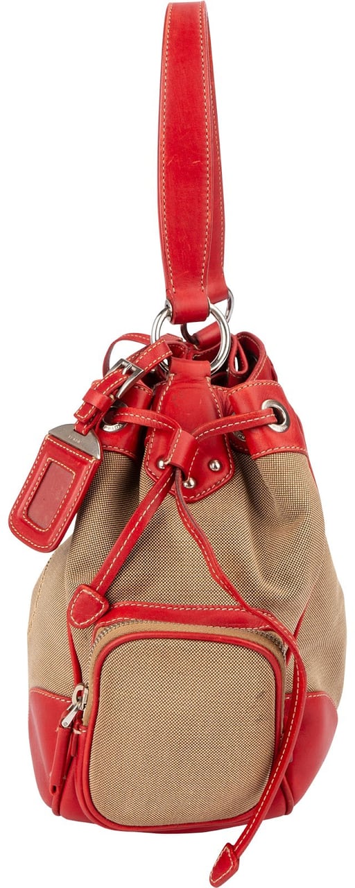Prada Canvas Emblem Side Drawstring Pocket Shoulder Bag Beige