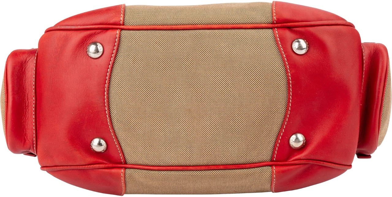 Prada Canvas Emblem Side Drawstring Pocket Shoulder Bag Beige
