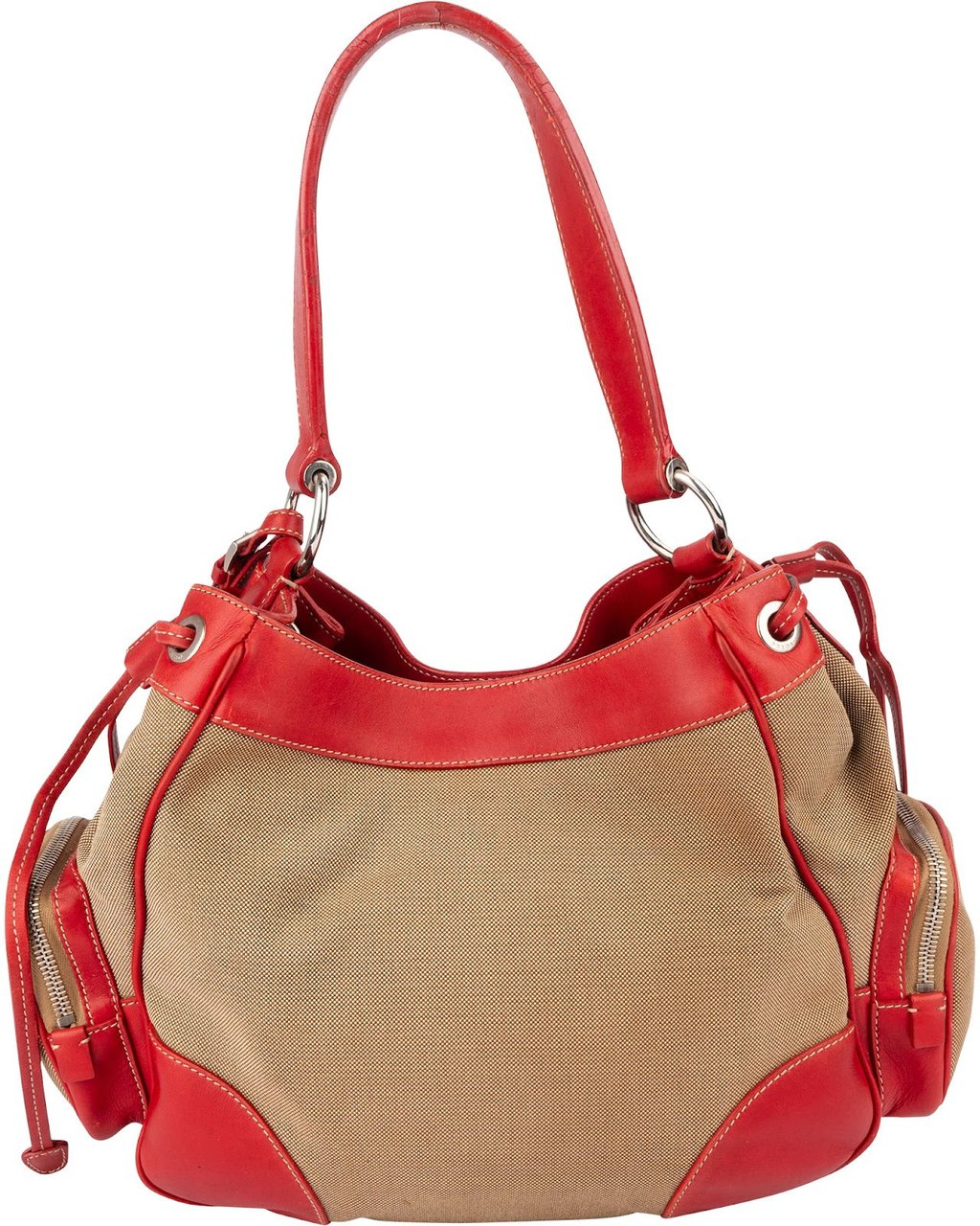 Prada Canvas Emblem Side Drawstring Pocket Shoulder Bag Beige