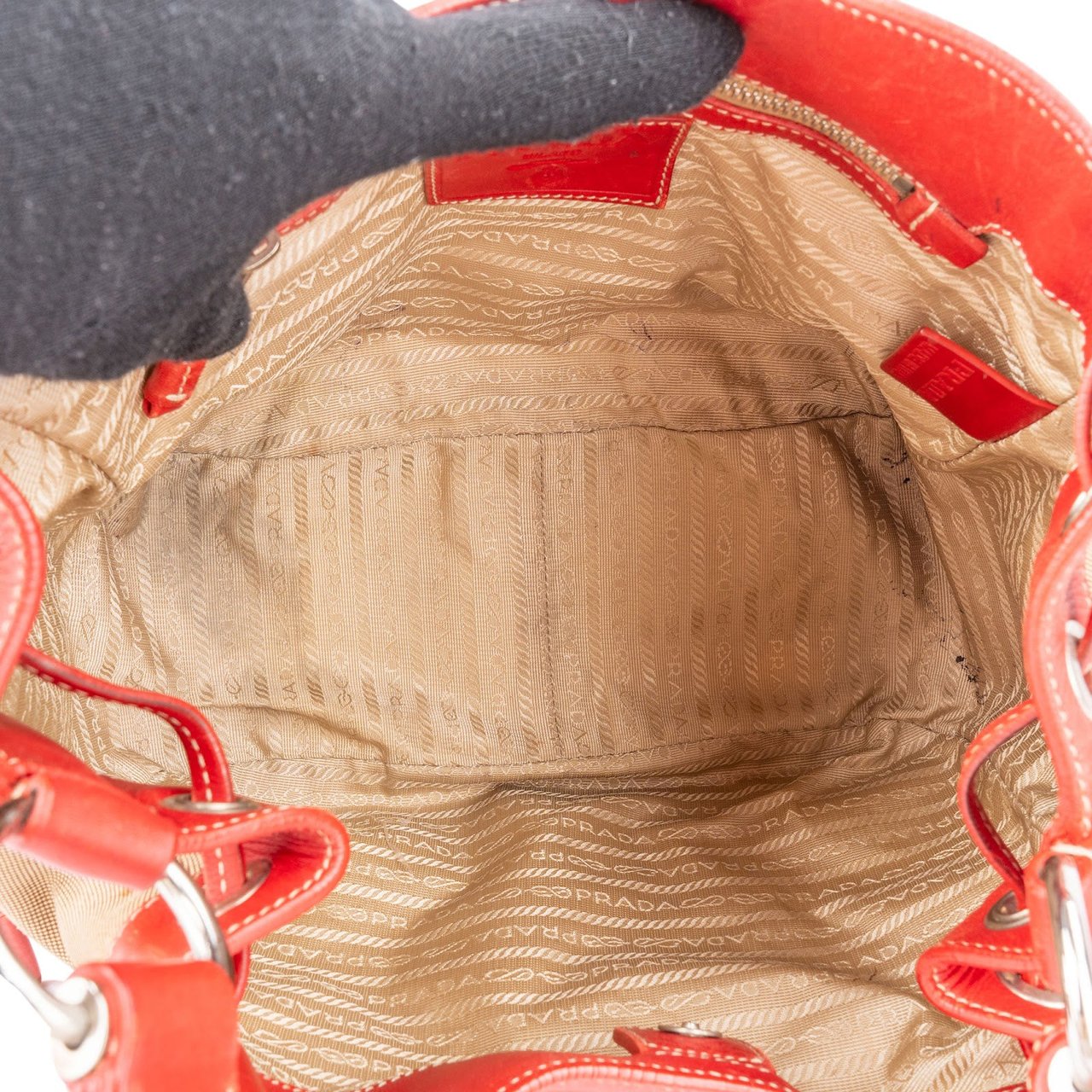 Prada Canvas Emblem Side Drawstring Pocket Shoulder Bag Beige