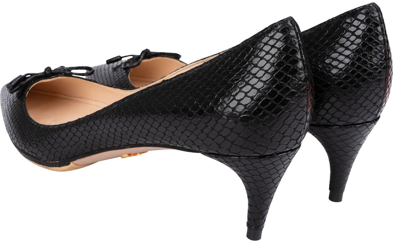 Prada Black Leather Snakeskin Embossed Bow Kitten Heels Pumps (38) Zwart