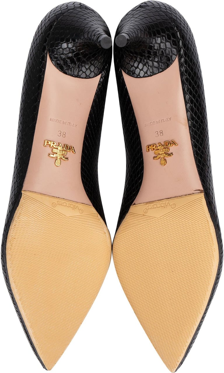 Prada Black Leather Snakeskin Embossed Bow Kitten Heels Pumps (38) Zwart