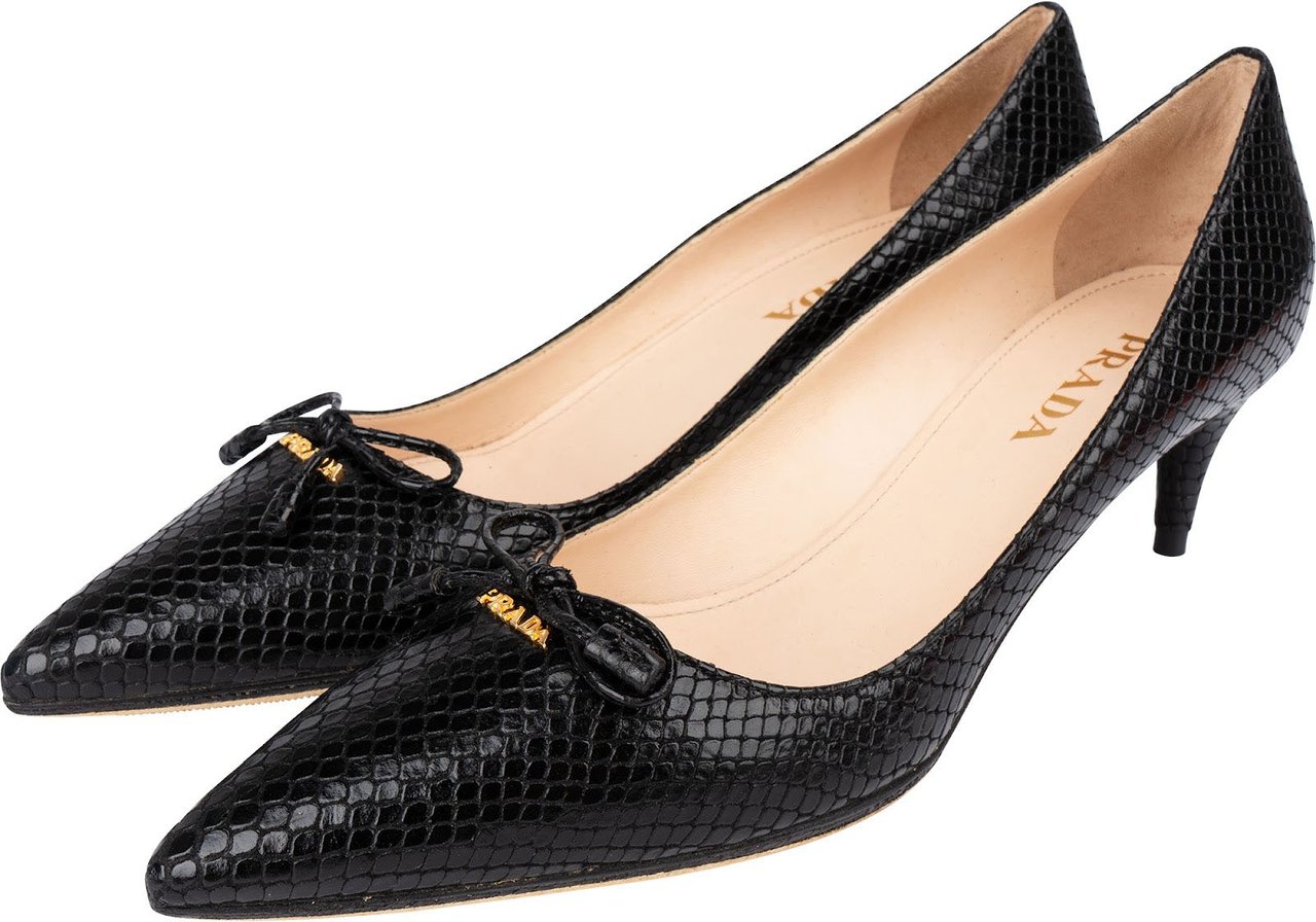 Prada Black Leather Snakeskin Embossed Bow Kitten Heels Pumps (38) Zwart