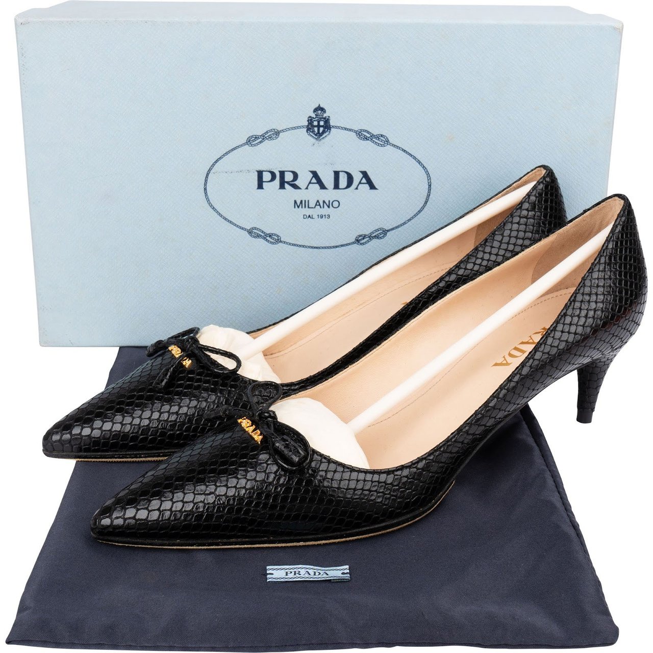 Prada Black Leather Snakeskin Embossed Bow Kitten Heels Pumps (38) Zwart