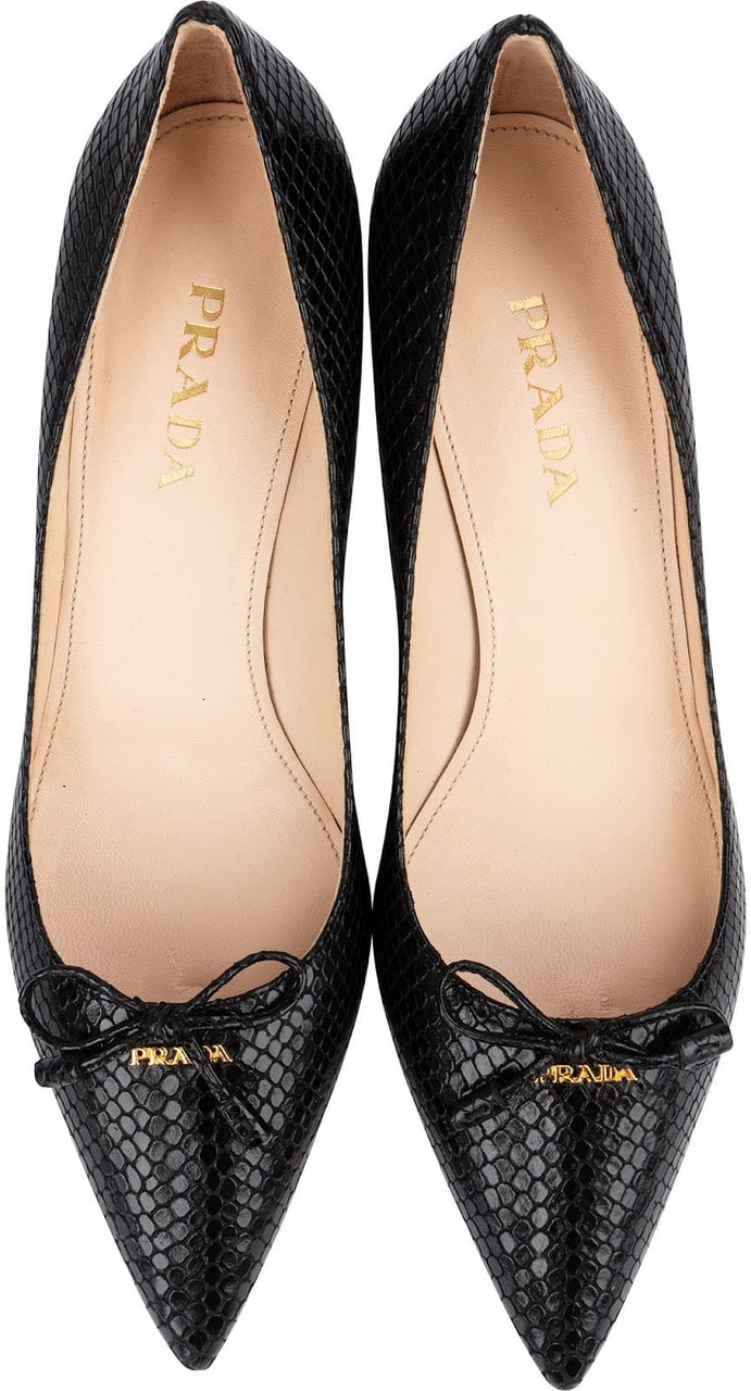 Prada Black Leather Snakeskin Embossed Bow Kitten Heels Pumps (38) Zwart