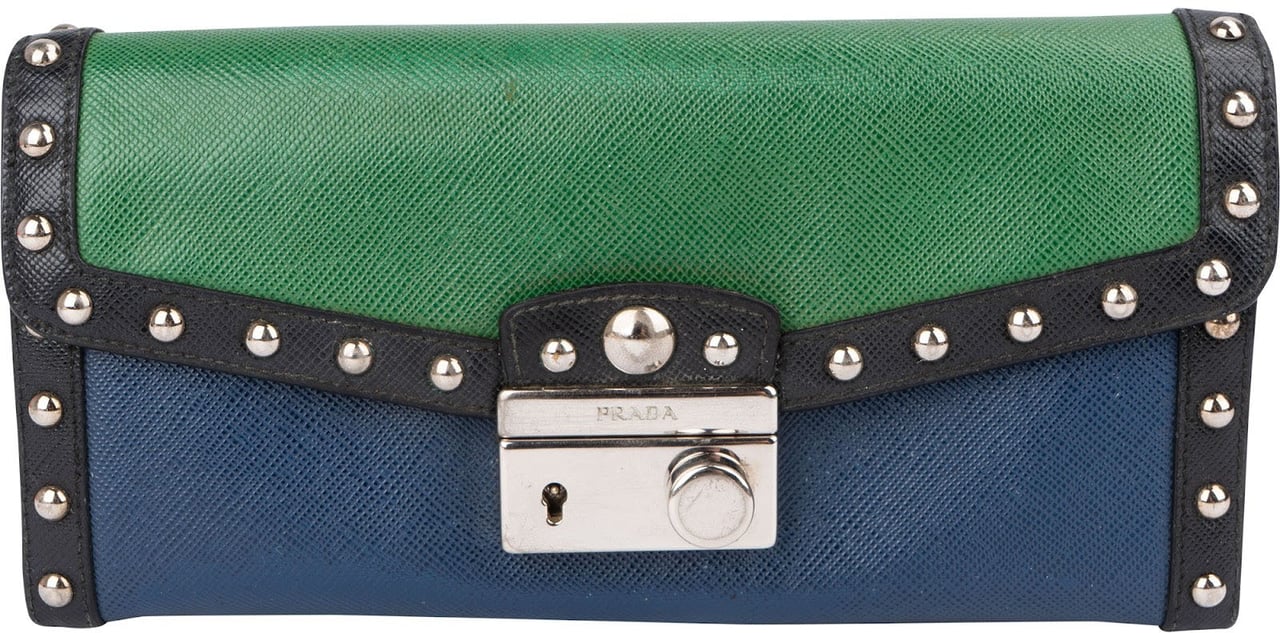 Prada Saffiano Leather Tricolor Studded Lock Wallet Divers