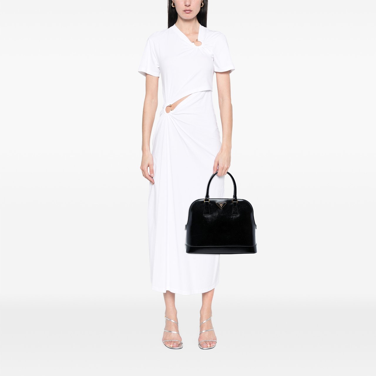 Prada Saffiano Vernice Promenade Dome Satchel Zwart