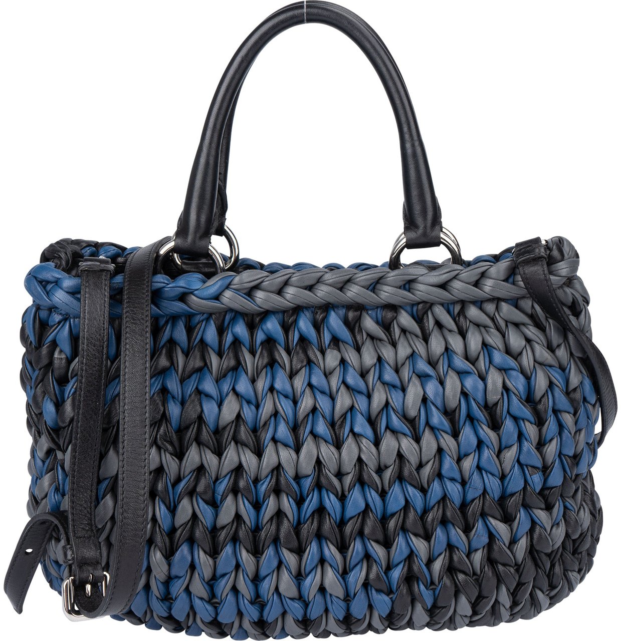 Prada Tricolor Braided Leather City Handbag Zwart