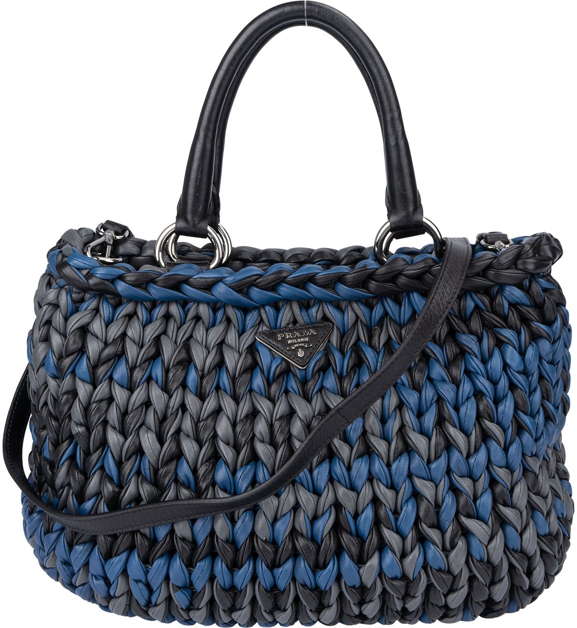 Prada Tricolor Braided Leather City Handbag Zwart
